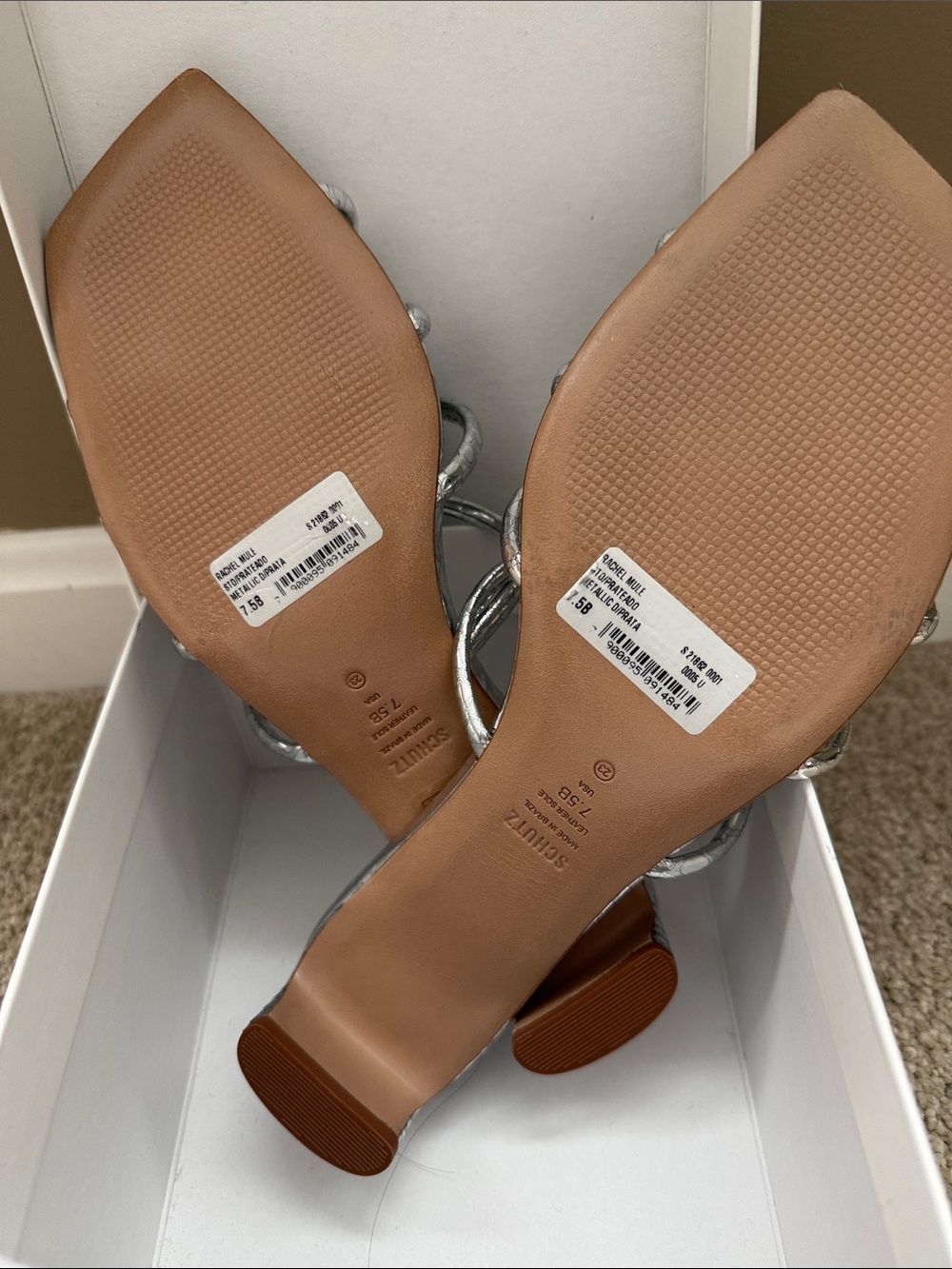 SCHUTZ Metallic Silver Strappy Square-Toe Heels - Picture 5 of 6
